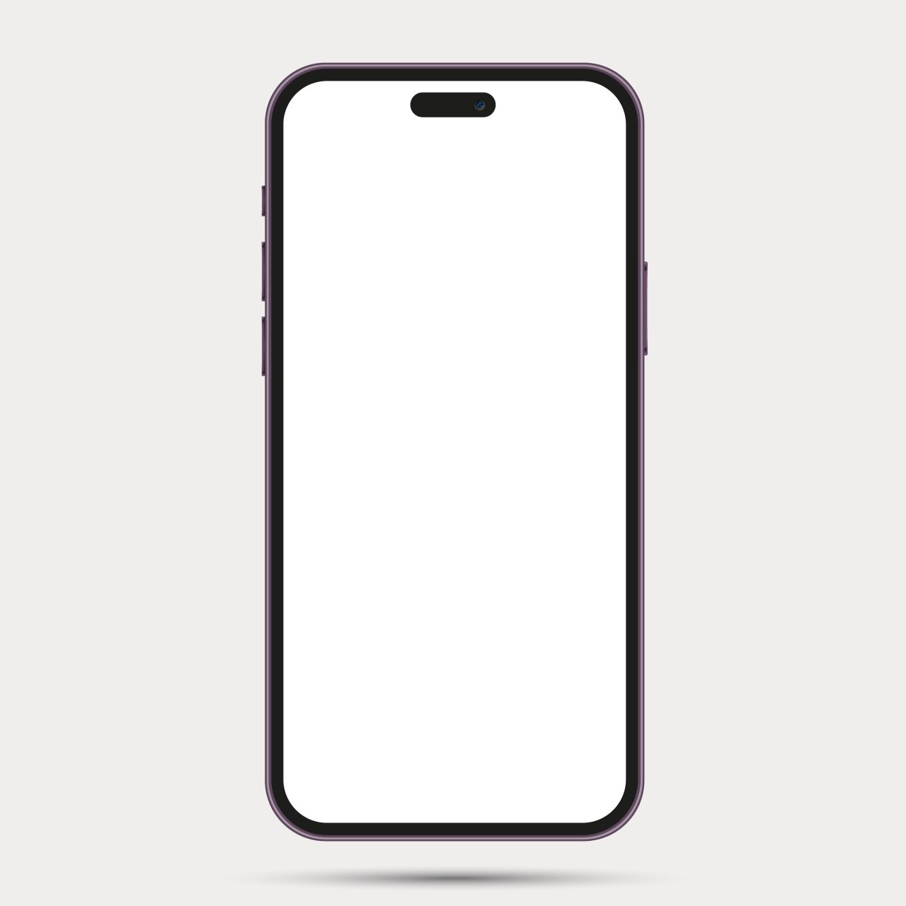 逼真的前视图智能手机模型移动iphone紫色框架与空白白色显示矢量图